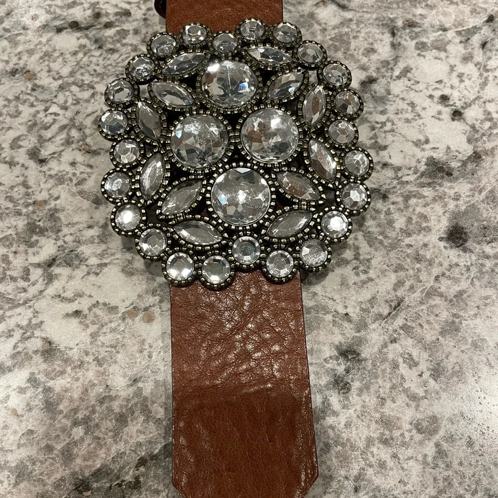 Chinese Laundry Boho Brown Leather Belt oval Rhinestone Buckle Sz Large